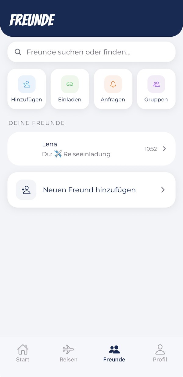 FLYGR friends screen with invites, requests and groups